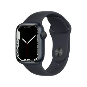 Apple Watch Series 7 41 mm siyah alüminyum kasa ve spor kordonlu akıllı saat, önden görünüm