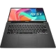 MSI Modern 14 F13MG-429XTR009 koyu gri ultrabook laptop; arkadan görünüm ve renkli ekran arayüzü.