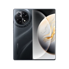 Tecno Camon 30s siyah akıllı telefonun ön ve arka görünümü, büyük dairesel kamera modülüyle birlikte