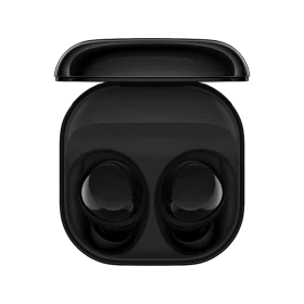 Samsung Galaxy Buds Core tam kablosuz siyah kulaklık ve açık şarj kutusu görünümü