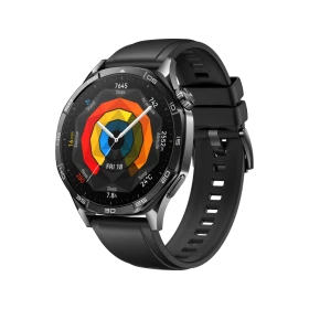 Huawei Watch GT 5 Siyah 46mm akıllı saat, renkli sağlık ekranı ve siyah silikon kordonuyla önden görünüm
