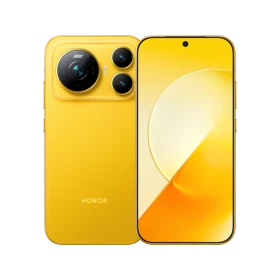 Sarı Honor Magic9 telefonun ön ve arka yüzü, üçlü kamera sistemi ve parlak ekran tasarımıyla birlikte gösteriliyor.