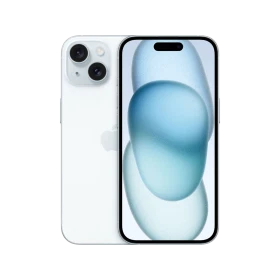 Apple iPhone 15 Plus mavi akıllı telefon, ön ekran ve arka çift kamera tasarımıyla vitrin görünümü