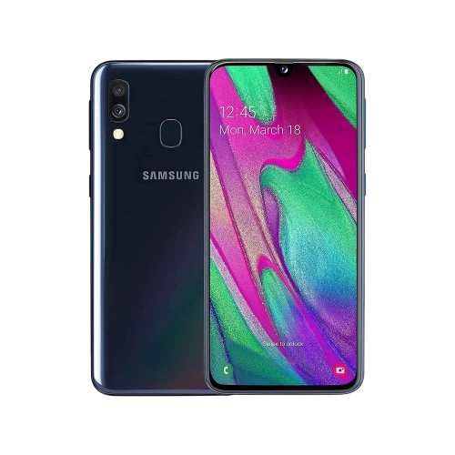 Samsung Galaxy A40 siyah akıllı telefon, ön ekran ve arka yüzü çift kamera ve parmak izi sensörüyle vitrin görünümü