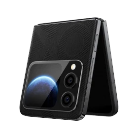 Huawei Nova Flip S siyah katlanabilir akıllı telefon, kapalı formda arka kamera modülü ve kapak ekranı görünümü