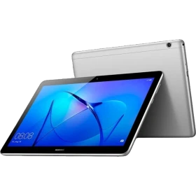 Huawei MediaPad T3 10 32 GB gri tablet; önden ve arkadan görünüm, mavi ekran ve cihaz tasarımı net.