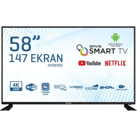 Onvo OV58350 Ultra HD 4K LED televizyon, 58 inç ekranı ve ince siyah çerçevesiyle önden görünür