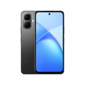 Infinix Smart 10 siyah akıllı telefon, çift arka kamera ve delikli ekran tasarımıyla ön-arka görünüm