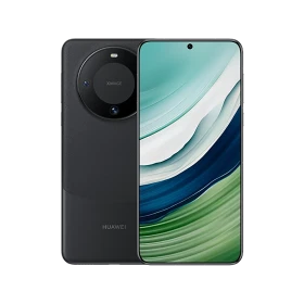 Huawei Mate 60 siyah akıllı telefon, ön ekran ve arka kamera modülüyle vitrin görünümü
