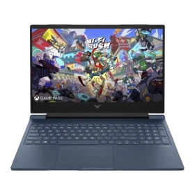 HP Victus Gaming 16-r1057nt 9J260EA FR35 koyu mavi oyuncu laptop, oyun temalı ekran ve klavye görünüyor