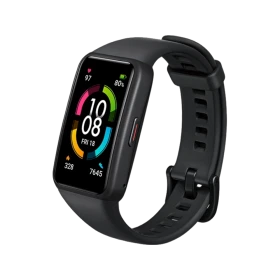 Honor Band 6 siyah akıllı bileklik, renkli ekranı ve ayarlanabilir silikon kordonuyla önden görünür