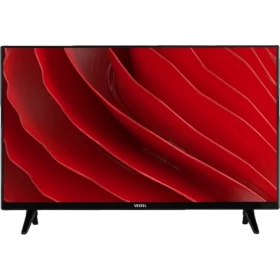 Vestel 43F8600 Full HD LED televizyon, kırmızı ekranı ve siyah ayaklı çerçevesiyle önden görünüm