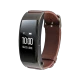 Huawei TalkBand B3 gri akıllı bileklik, kavisli ekranı ve kahverengi deri kayışıyla önden görünür