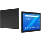 Lenovo Tab4 10 siyah uygun fiyatlı tablet; önde çalışan ekran ve kapalı arka kasa görünümü.