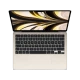 Apple MacBook Air M2 13.6 inç altın renk laptop, açık ekran ve klavye detaylarıyla önden görünüm