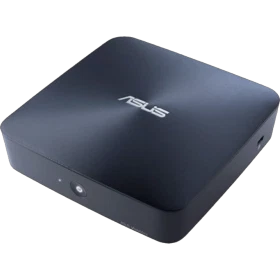 Asus VivoMini UN45-VMP264M siyah kompakt masaüstü bilgisayarın üstten ve önden görünümü