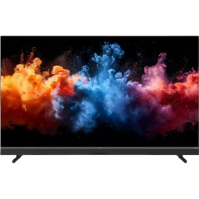 Vestel 65QMG9950 Ultra HD 4K QLED televizyon, renkli duman desenli ekranıyla önden görünüm