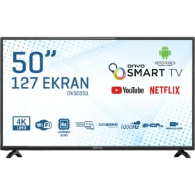 Onvo OV50351 Ultra HD 4K LED televizyon, siyah çerçeveli 50 inç Smart TV 127 ekran