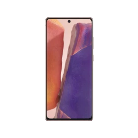 Samsung Galaxy Note 20 bakır renk akıllı telefonun önden görünümü, tam ekran tasarımlı vitrin sunumu