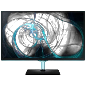 Samsung T24D390 Full HD FHD TV, genel renkli tasarım; soyut mavi renkli ekran görüntüsüyle vitrinde.
