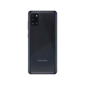 Siyah Samsung Galaxy A31 akıllı telefonun arka yüzü, dörtlü kamera modülü ve parlak kapak tasarımı