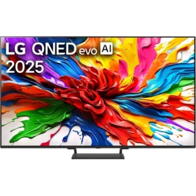 LG 85QNED93A6A Ultra HD 4K QNED televizyon; canlı renkli ekran ve AI evo yazılı vitrin tasarımı