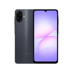 Samsung Galaxy A07 siyah akıllı telefon, ön ve arka görünüm; geniş ekran ve çift arka kamera tasarımı