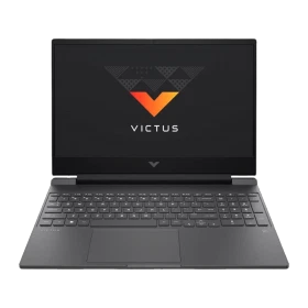 HP Victus Gaming 15-fa2015nt C03P7EA koyu gri oyuncu laptop ekranında Victus logosu ve klavye görünüyor