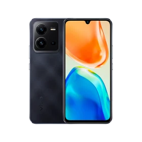 Vivo v25 siyah akıllı telefon, ön ekran ve arka çift kamera modülüyle önden görünüm ana ürün görseli