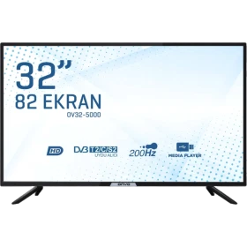 Onvo OV32-5000 HD Ready LED televizyon, siyah çerçeveli 32 inç ekran ve ayaklarıyla önden görünüm