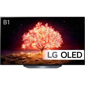 LG OLED65B16LA Ultra HD 4K OLED televizyon, vitrinde kırmızı ağaç görseli ve ince ekran tasarımı.
