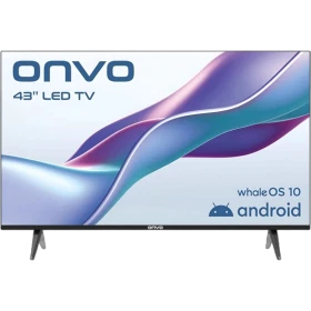 Onvo 43VL80F3FA Full HD LED televizyon, renkli dalga ekran tasarımı ve ayaklarıyla önden görünüm