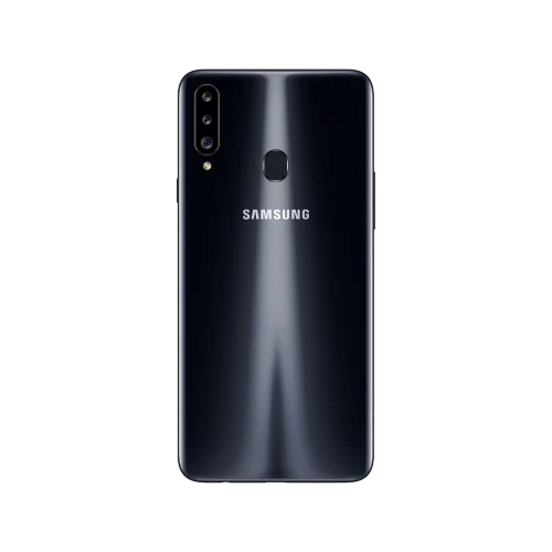 Samsung Galaxy A20s siyah akıllı telefonun arka yüzü, üçlü kamera ve parmak izi okuyucu detaylı