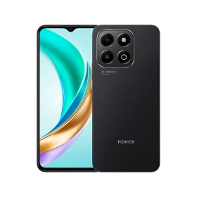 Honor X6B siyah akıllı telefon, ön ekran ve arka kapak ile dörtlü kamera modülü vitrin görünümü