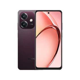 Kırmızı Oppo A5i akıllı telefonun ön ekranı ve arka kamera modülünü gösteren vitrin çekimi