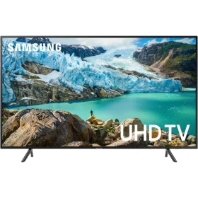 Samsung 65RU7105 Ultra HD 4K LED televizyon, buzul manzaralı ekranda canlı görüntüyle vitrinde sunum