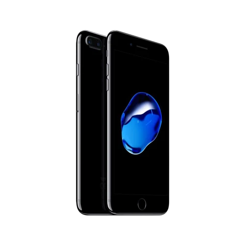 Apple iPhone 7 Plus simsiyah akıllı telefon, önden ekranı ve arkadan çift kamerası görünen tasarım