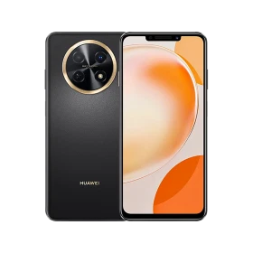 Huawei Nova Y91 siyah akıllı telefon, ön ekran ve arka kamera modülüyle vitrin görünümü