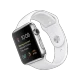 Apple Watch 42 mm paslanmaz çelik kasalı, beyaz spor kordonlu akıllı saat ve siyah ekranı