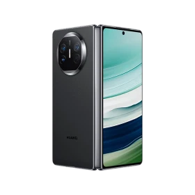 Huawei Mate X5 siyah akıllı telefon, katlanır tasarım; ön ekran ve arka kamera modülü görünümü
