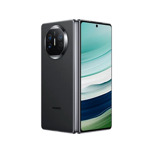 Huawei Mate X5 siyah akıllı telefon, katlanır tasarım; ön ekran ve arka kamera modülü görünümü