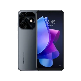 Tecno Spark 10 C siyah akıllı telefon, ön ekran ve arka kamera modülüyle vitrin görünümü