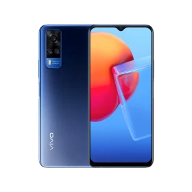 Vivo Y51 mavi akıllı telefonun vitrin görseli, ön ekran ve arka yüzeyde üçlü kamera tasarımıyla