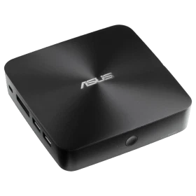 Asus VivoMini UN65-M5136 siyah kompakt masaüstü bilgisayar, üstten açılı görünüm ve yan bağlantı noktaları