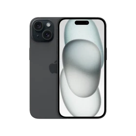 Siyah Apple iPhone 15 akıllı telefon, ön ekran ve arka çift kamera tasarımını gösteren vitrin görünümü