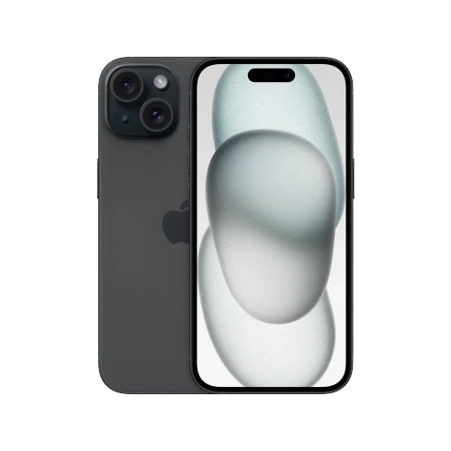 Siyah Apple iPhone 15 akıllı telefon, ön ekran ve arka çift kamera tasarımını gösteren vitrin görünümü