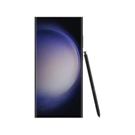 Siyah Samsung Galaxy S23 Ultra akıllı telefon, önden ekran görünümü ve yanında S Pen kalem ile birlikte