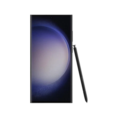 Siyah Samsung Galaxy S23 Ultra akıllı telefon, önden ekran görünümü ve yanında S Pen kalem ile birlikte