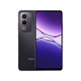 Oppo A5 siyah akıllı telefon, ön ekran ve arka kamera modülüyle vitrin görünümü