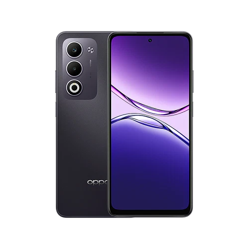 Oppo A5 siyah akıllı telefon, ön ekran ve arka kamera modülüyle vitrin görünümü